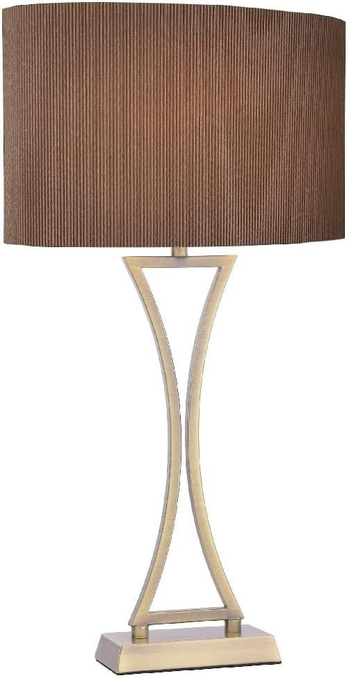 Modern Antique Brass Table Lamp with Brown Pleated Shade & Inline Switch