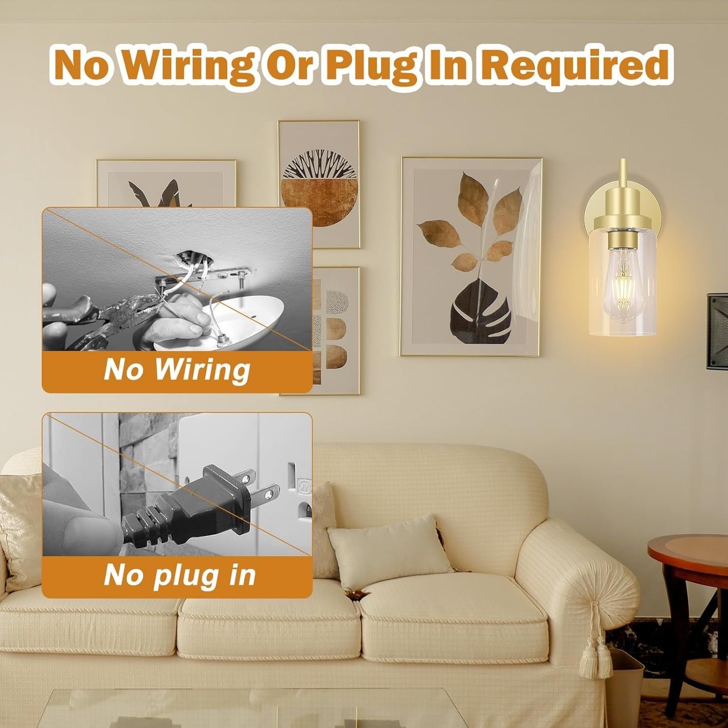 Gold Wall Sconces 2-Pack Rechargeable LED Lights, Remote, Dimmable, No Wiring