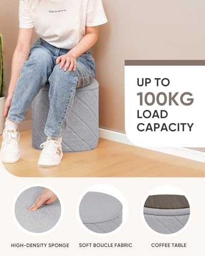 Grey Round Storage Ottoman Footstool 3-in-1 Seat with Lid 33x33x35cm
