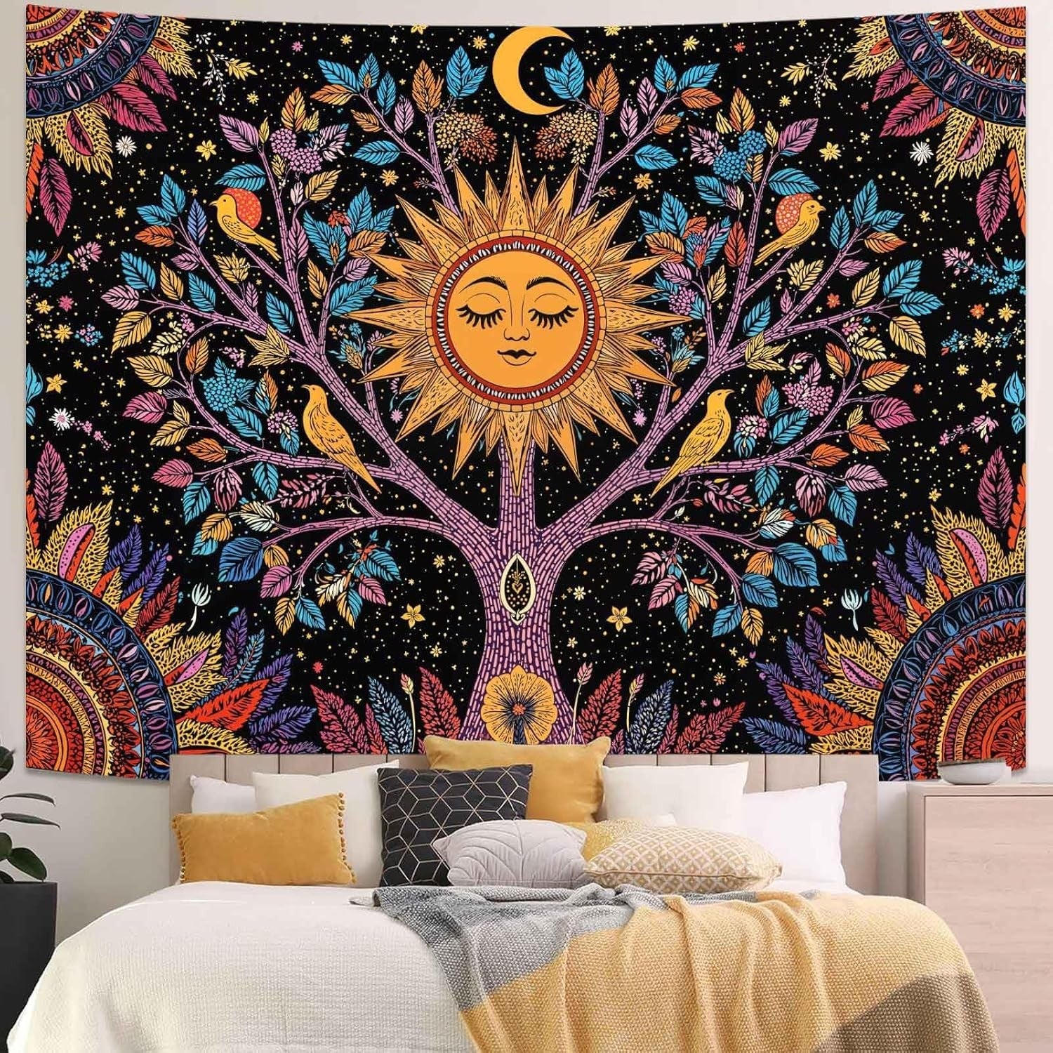 Tree of Life Sun Face & Birds Tapestry Boho Wall Decor 44x60