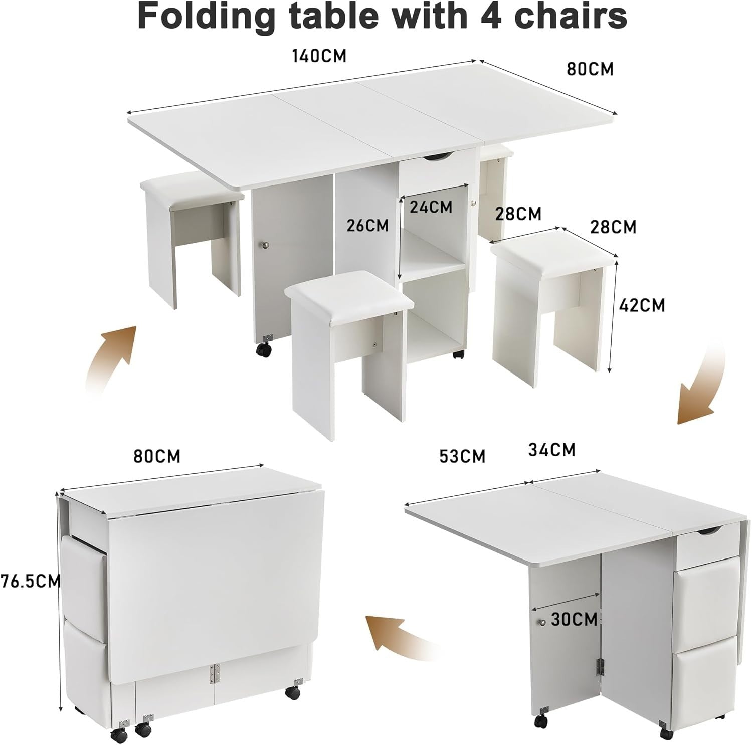 Space-Saving Folding Dining Set with Storage, PU Chairs & Lockable Wheels