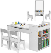 Kids Wooden Art Table and Chairs Set w/ Flip Top Easel Paper Roll Storage Grey
