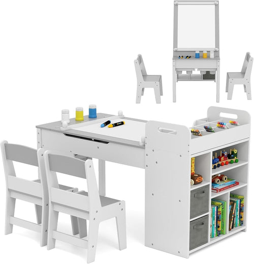 Kids Wooden Art Table and Chairs Set w/ Flip Top Easel Paper Roll Storage Grey