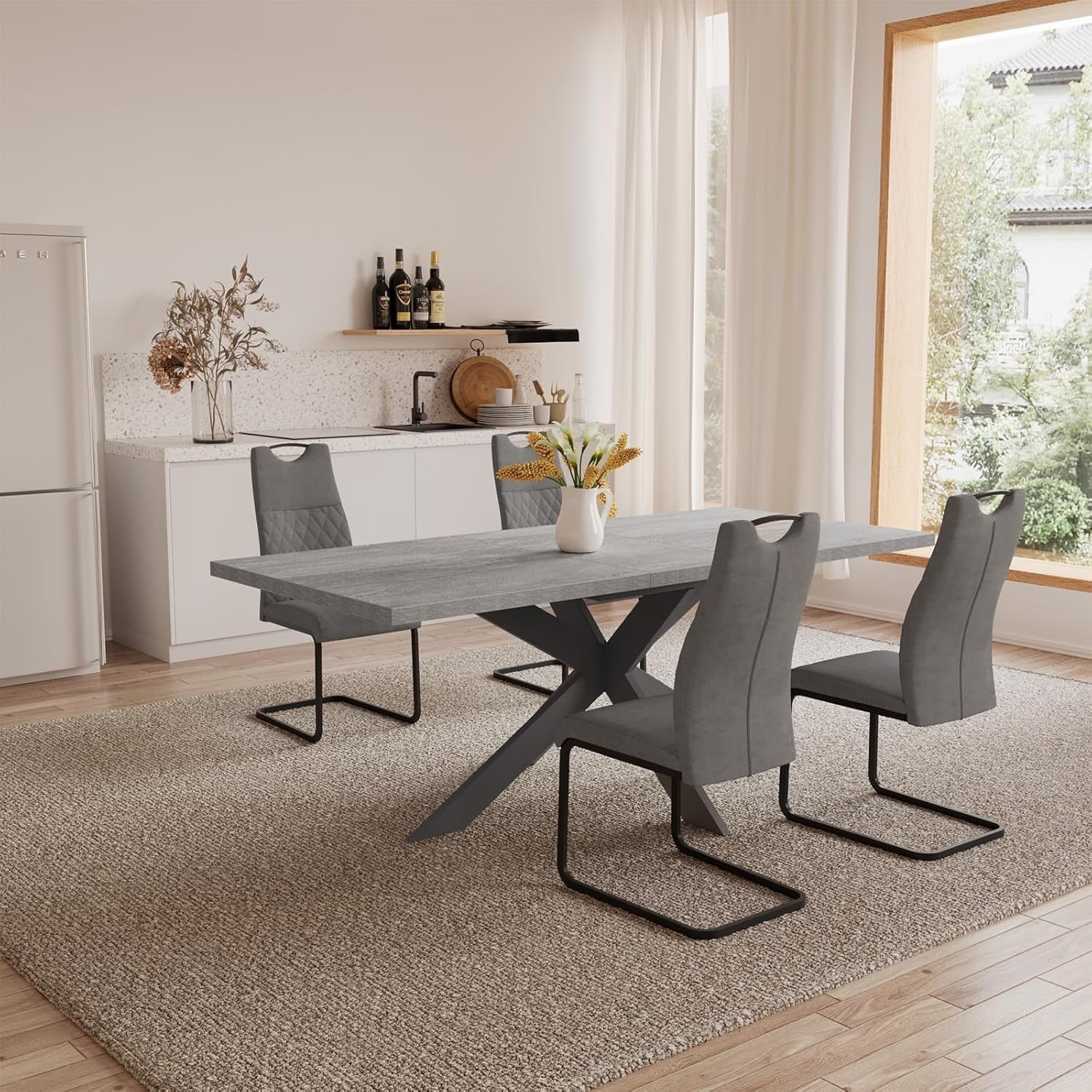 Extendable Dining Table Set 4 Seater Grey Chairs MDF Kitchen Living Room