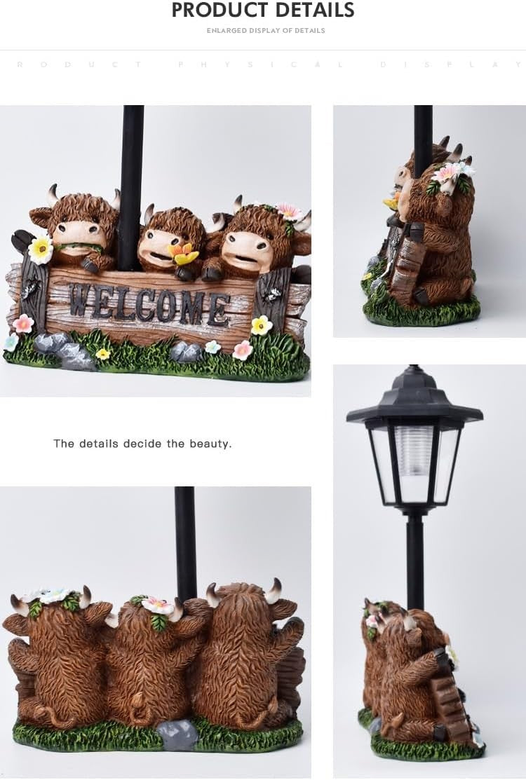 Highland Cattle Garden Ornament • Resin Outdoor Statue with Welcome Sign & Lamp
