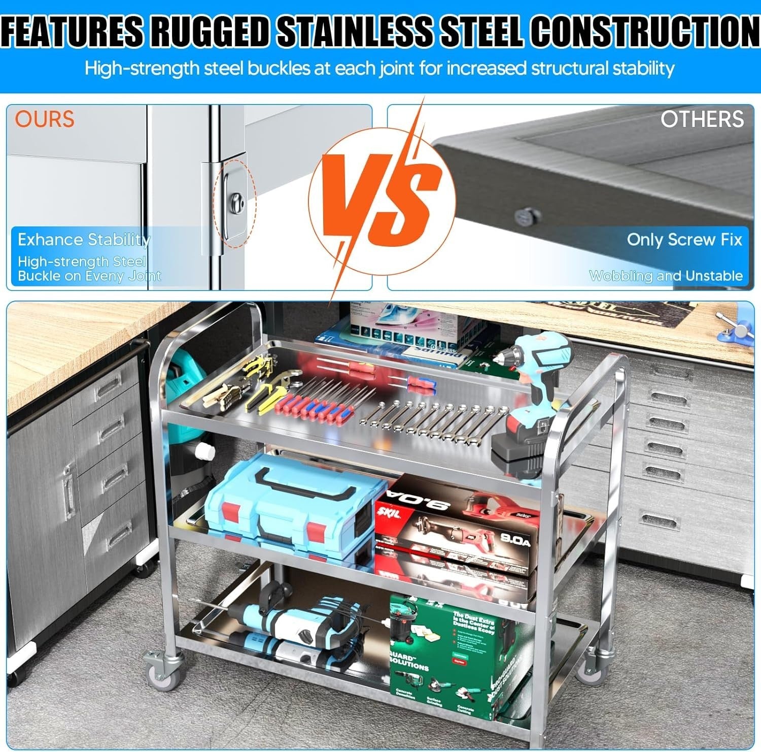 3 Tier Stainless Steel Kitchen Trolley Rolling Utility Cart Wheels