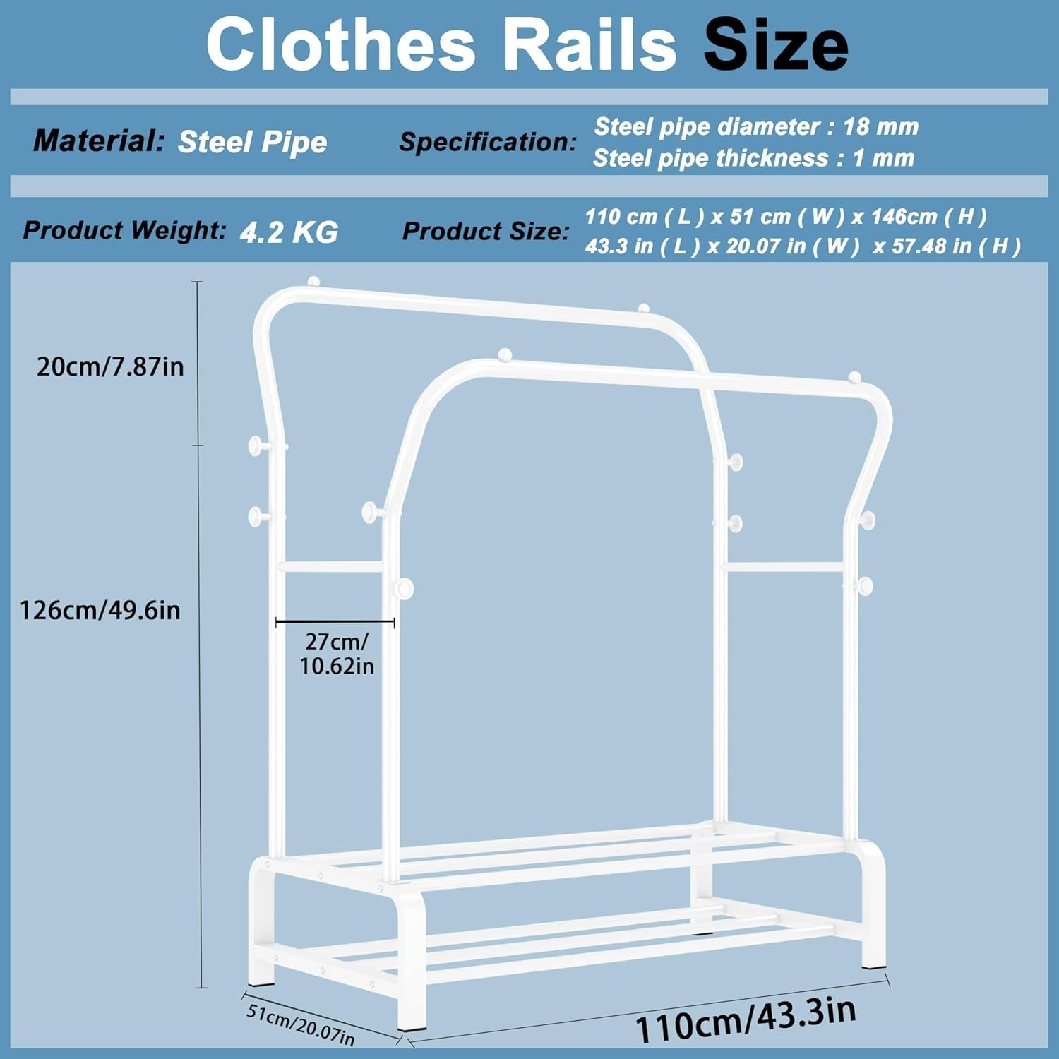 Heavy Duty White Metal Clothes Rail Double Rack with Hooks & Shelves