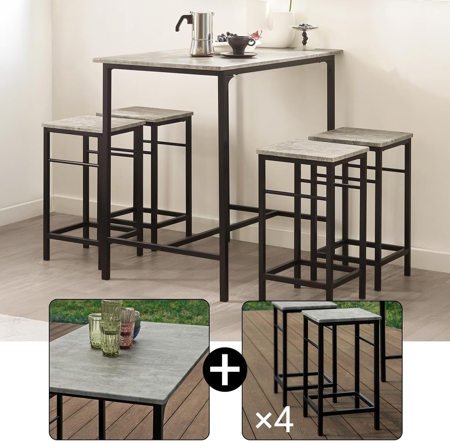5-Piece Breakfast Bar Table Set with 4 Stools, Space Saving Dining – Black Grey