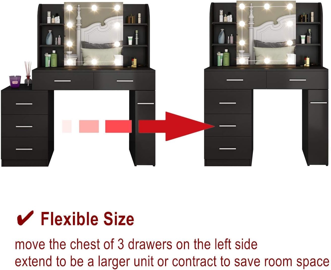 Black Vanity Dressing Table Set w/ Lights Mirror 12 Storage Drawers Modern