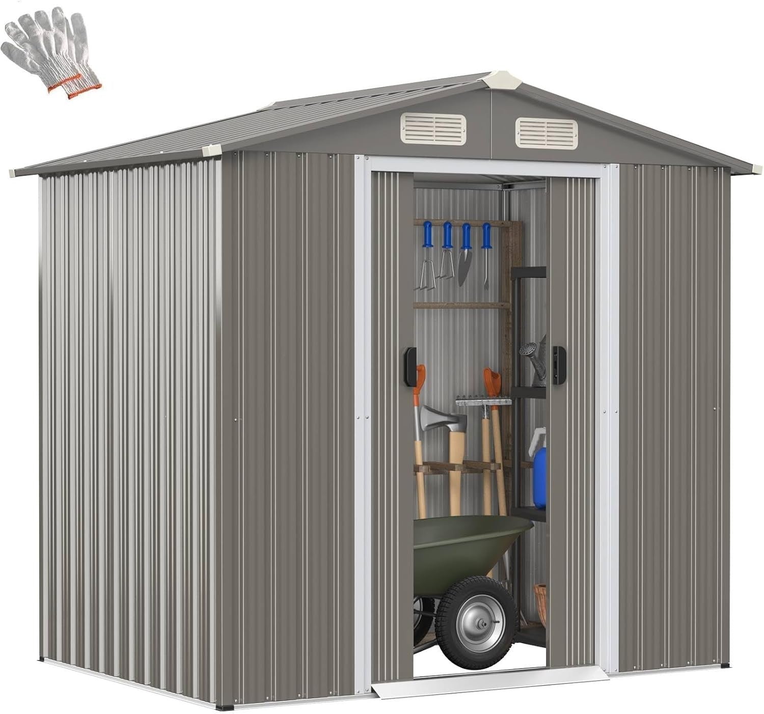6x4FT Metal Garden Shed with Vents, Sliding Door & Ramp, Waterproof Storage