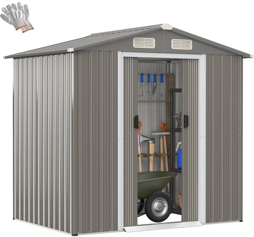 6x4FT Metal Garden Shed with Vents, Sliding Door & Ramp, Waterproof Storage