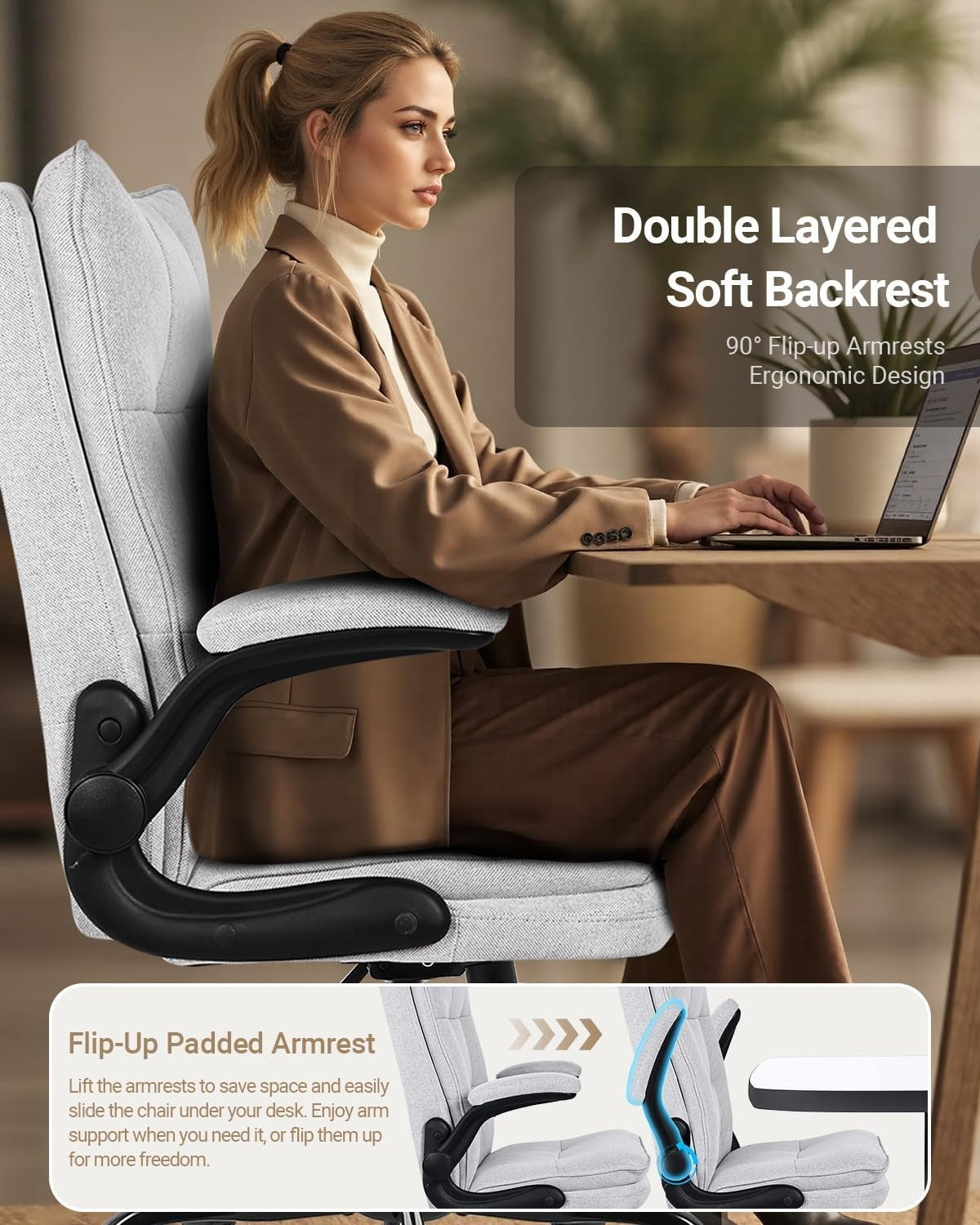 Ergonomic Grey Office Chair w/Flip-Up Arms, Thick 5.5" Cushion, High Back, Tilti