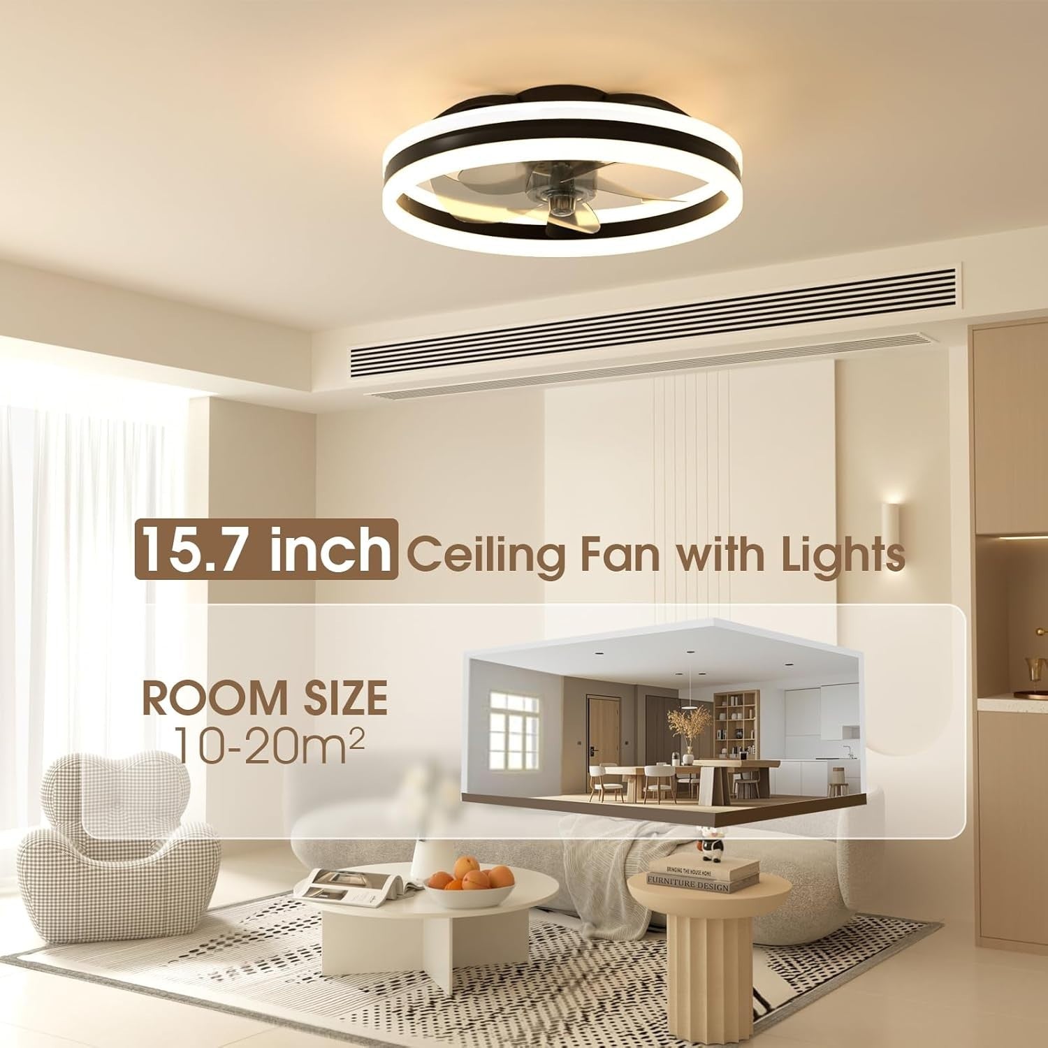 50cm LED Ceiling Fan Light Black, 6 Speeds Quiet Remote, Dimmable Modern