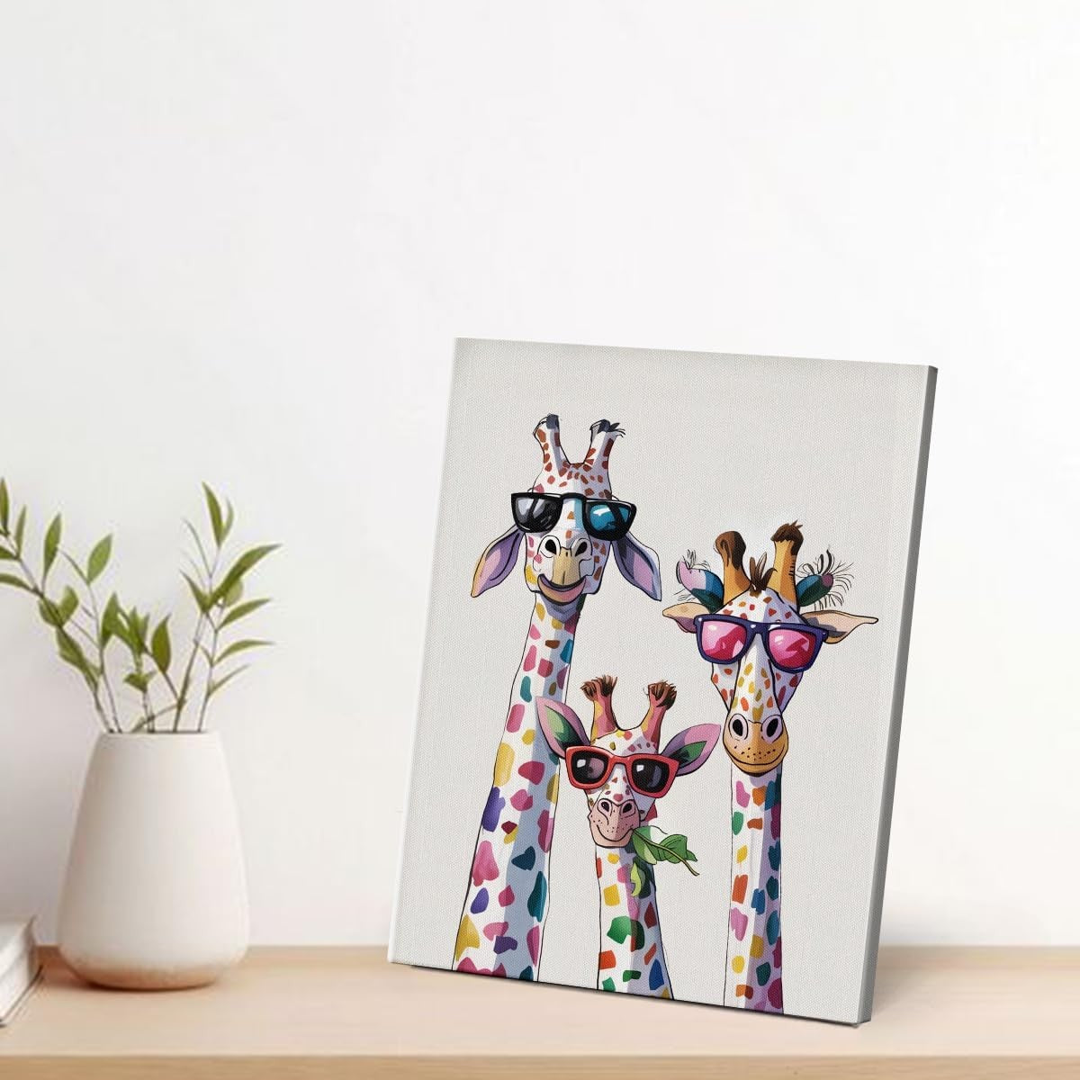 Colourful Giraffe Family Canvas Wall Art 8×10 Framed Animal Decor