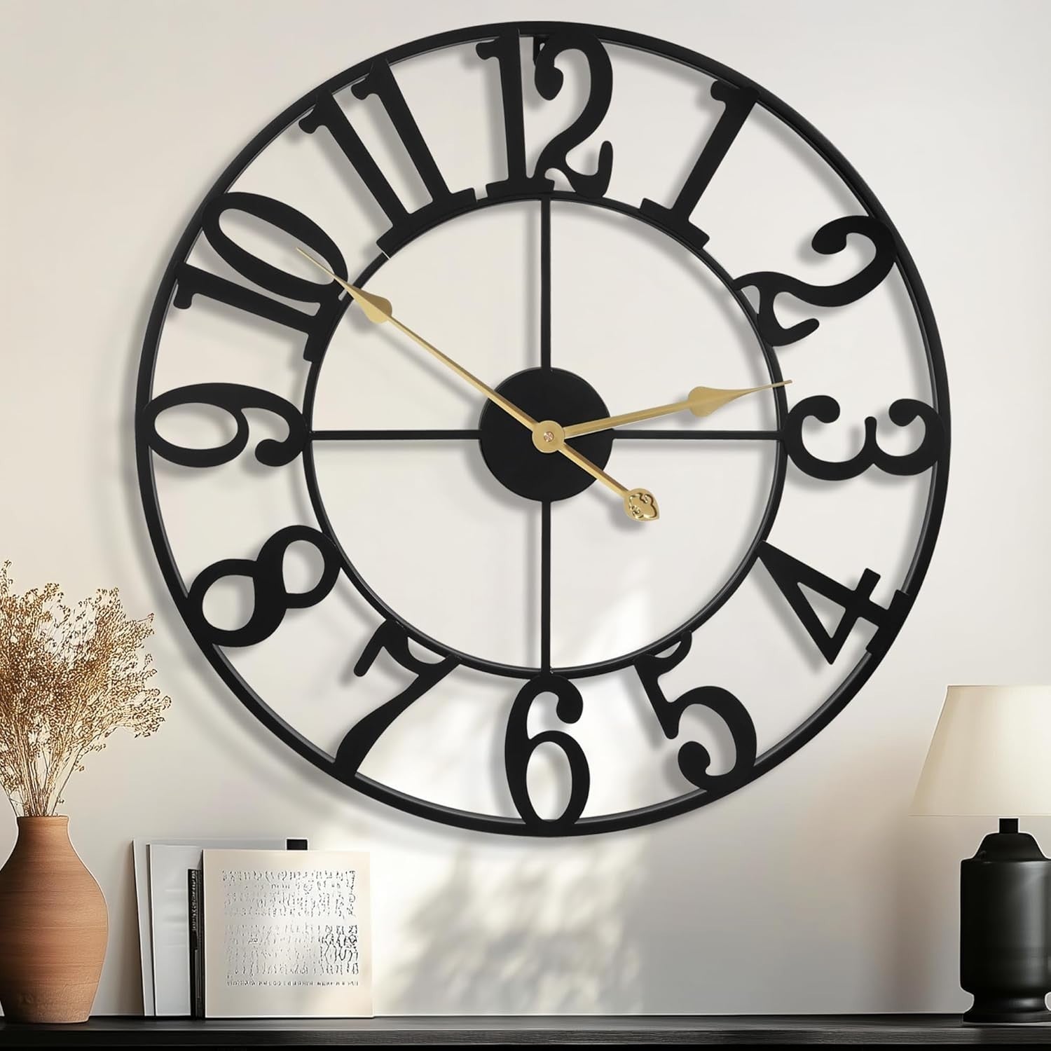 40 Inch Oversized Black Metal Wall Clock Silent Non-Ticking Farmhouse Decor