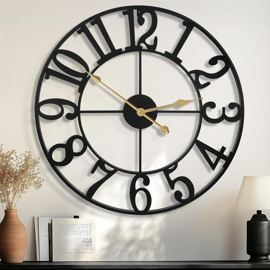 40 Inch Oversized Black Metal Wall Clock Silent Non-Ticking Farmhouse Decor