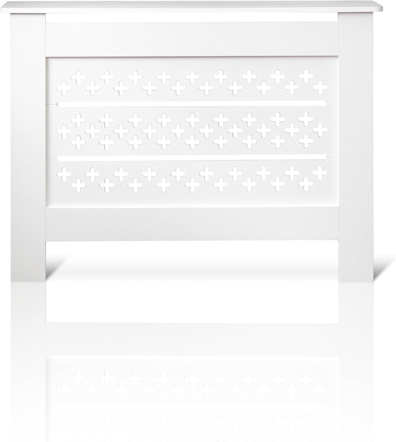 White MDF Radiator Cover with Cross Pattern Vents W109xH82cm Modern Cabinet