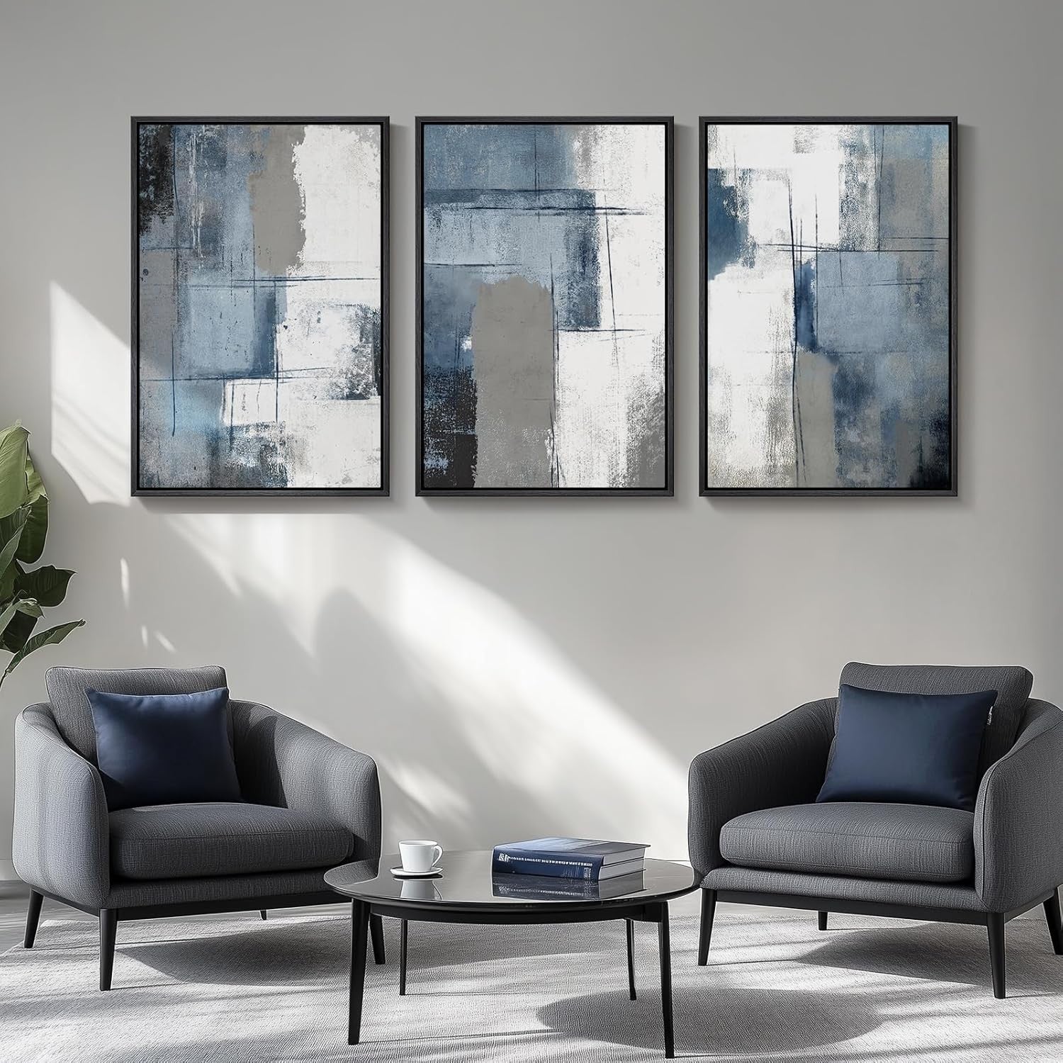 3-Piece Navy Blue & Grey Abstract Canvas – Large Modern Wall Art 24x36in