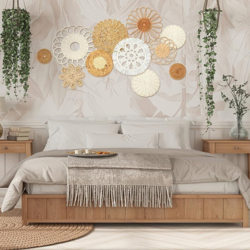12PCS Boho Woven Wall Baskets Multi-Size Bulrush Rustic Decor
