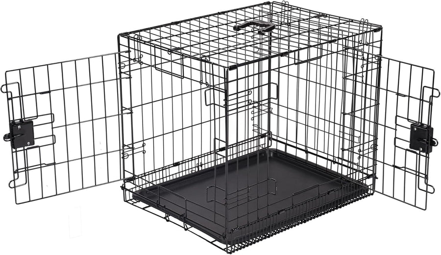 Small Foldable Double Door Metal Dog Crate Cage with Divider & Tray 61cm