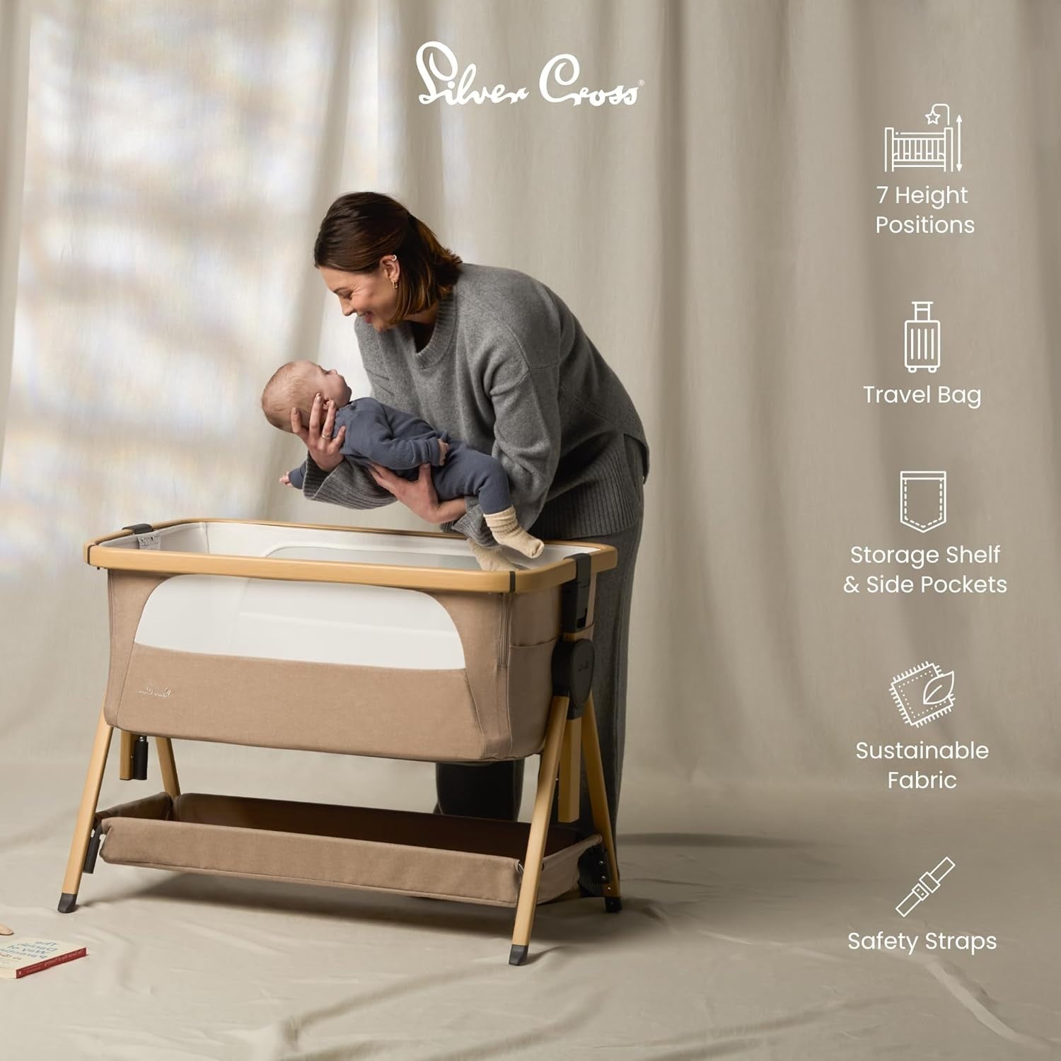Bedside Baby Crib with Mattress 7 Height Adjustable Travel Cot Storage Beige