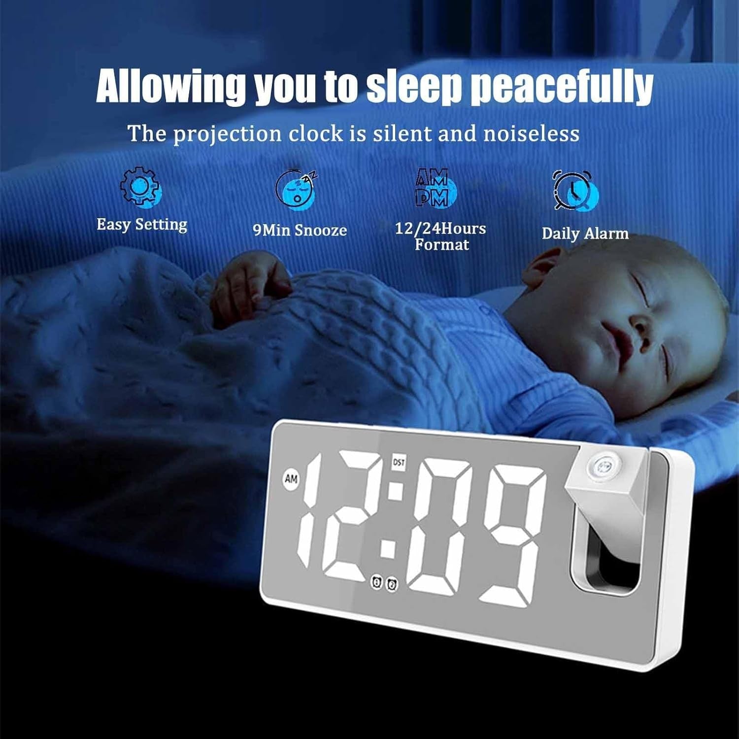 Projection Alarm Clock Radio Digital Mirror LED USB Dual Alarm Bedroom