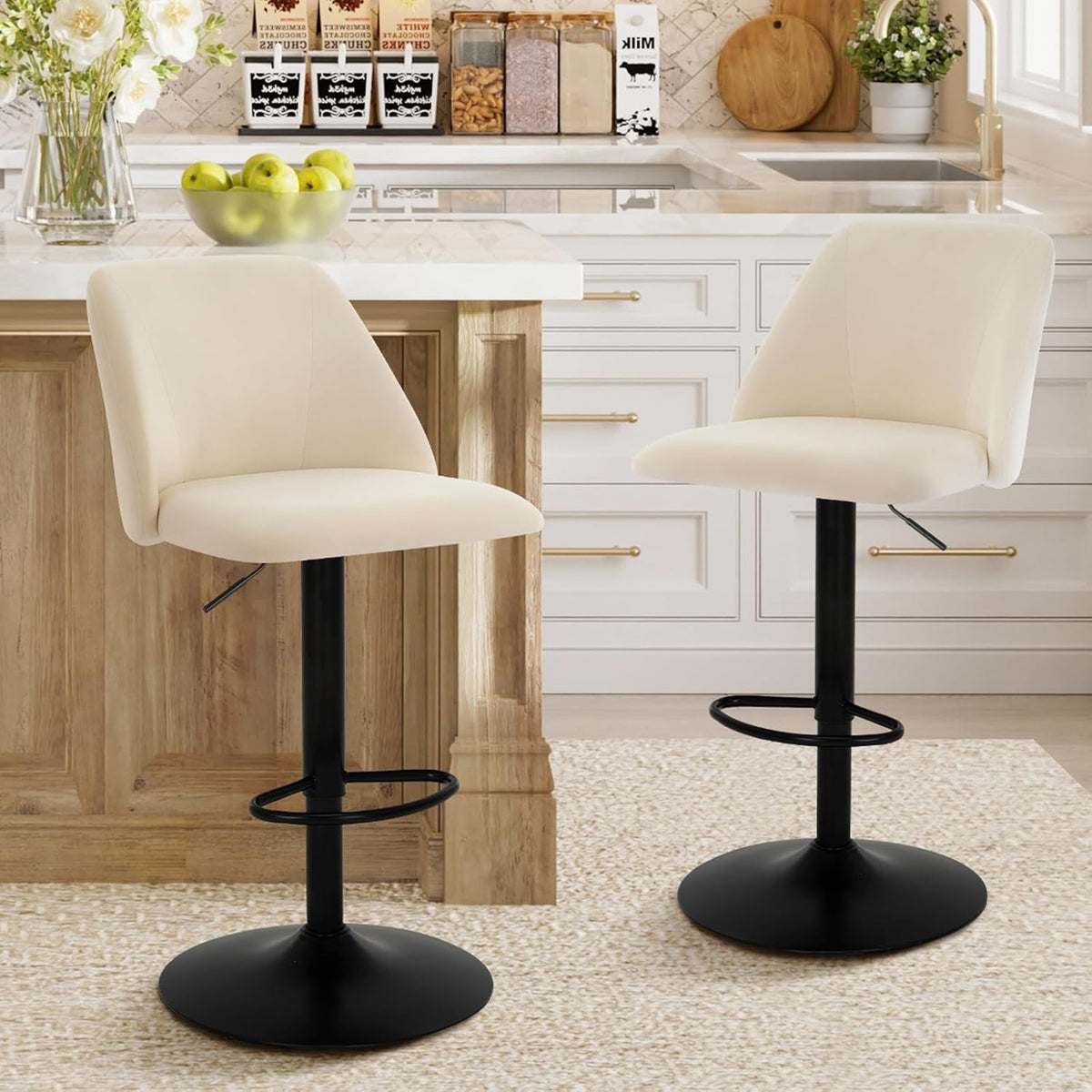 Adjustable Swivel Bar Stools Set of 2 | Square Fabric Seat, Metal Base
