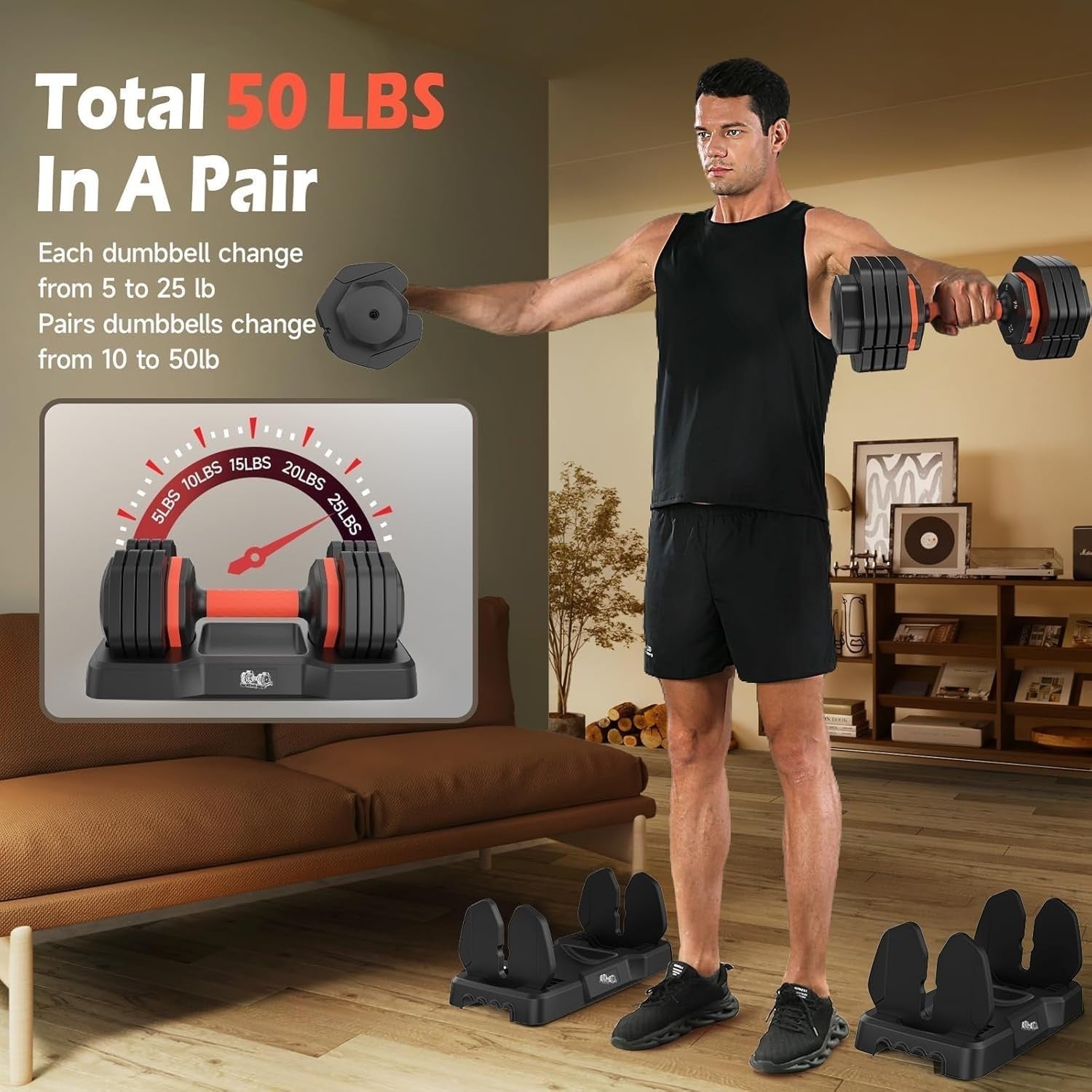 55LB Adjustable Dumbbells Set Quick Dial Space Saving Home Gym Weights