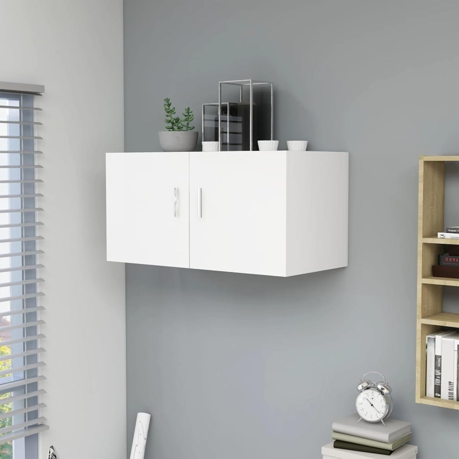 Space-Saving White Floating Wall Cabinet with Dual Doors & Practical Storage