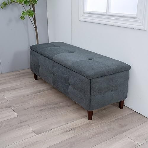 Grey Linen Storage Ottoman Bench with Seat & Lift-Up Lid 115x45x45