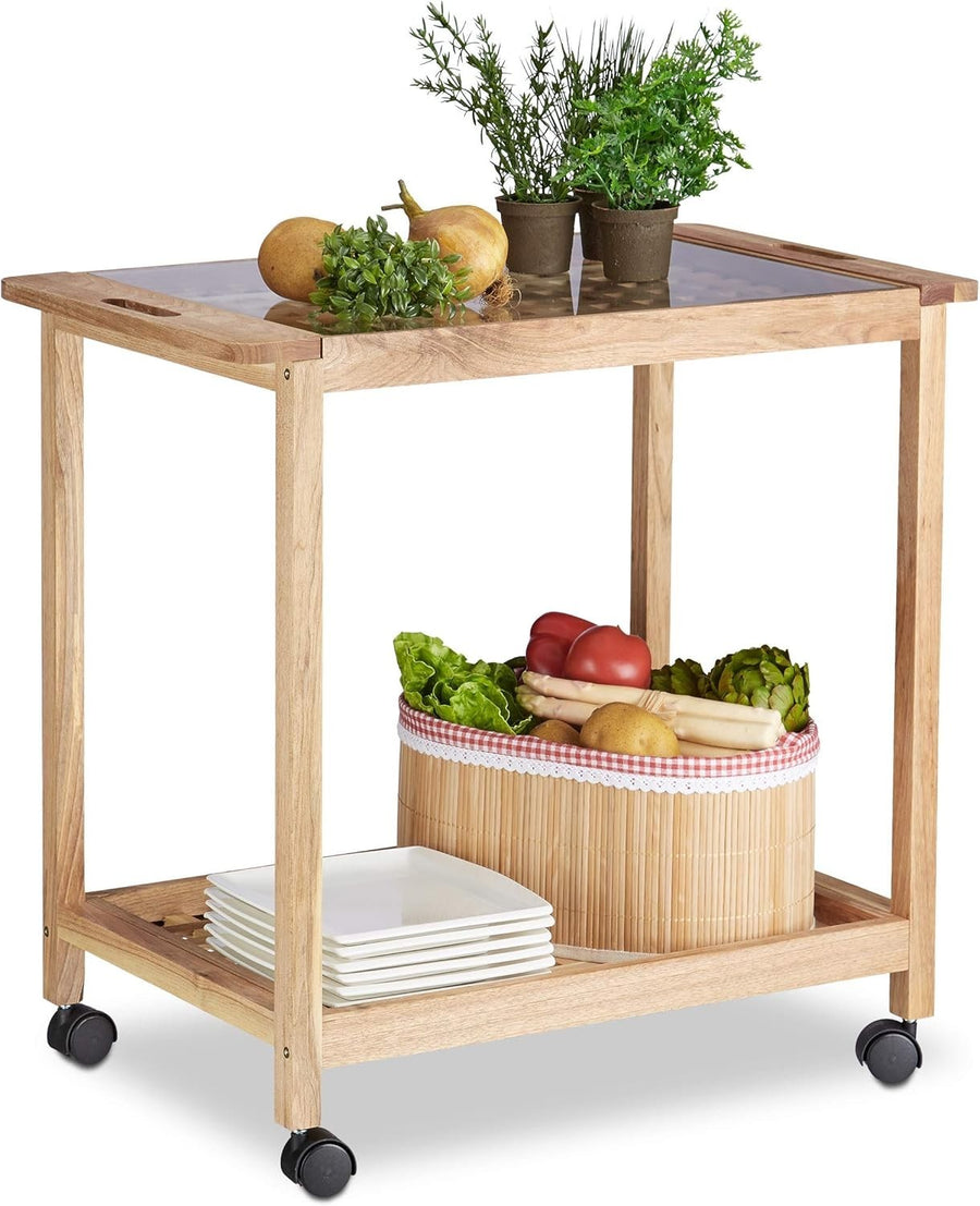 Walnut Kitchen Cart with Wheels Glass Top 2 Tier Trolley