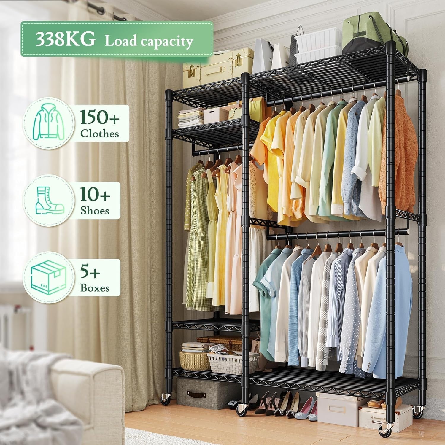 Heavy Duty Clothes Rail with Wheels & Adjustable Shelves – Black
