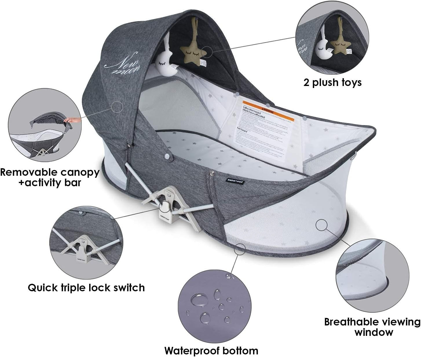 Portable Baby Travel Bassinet Crib with Mattress Foldable Cot & Canopy Grey