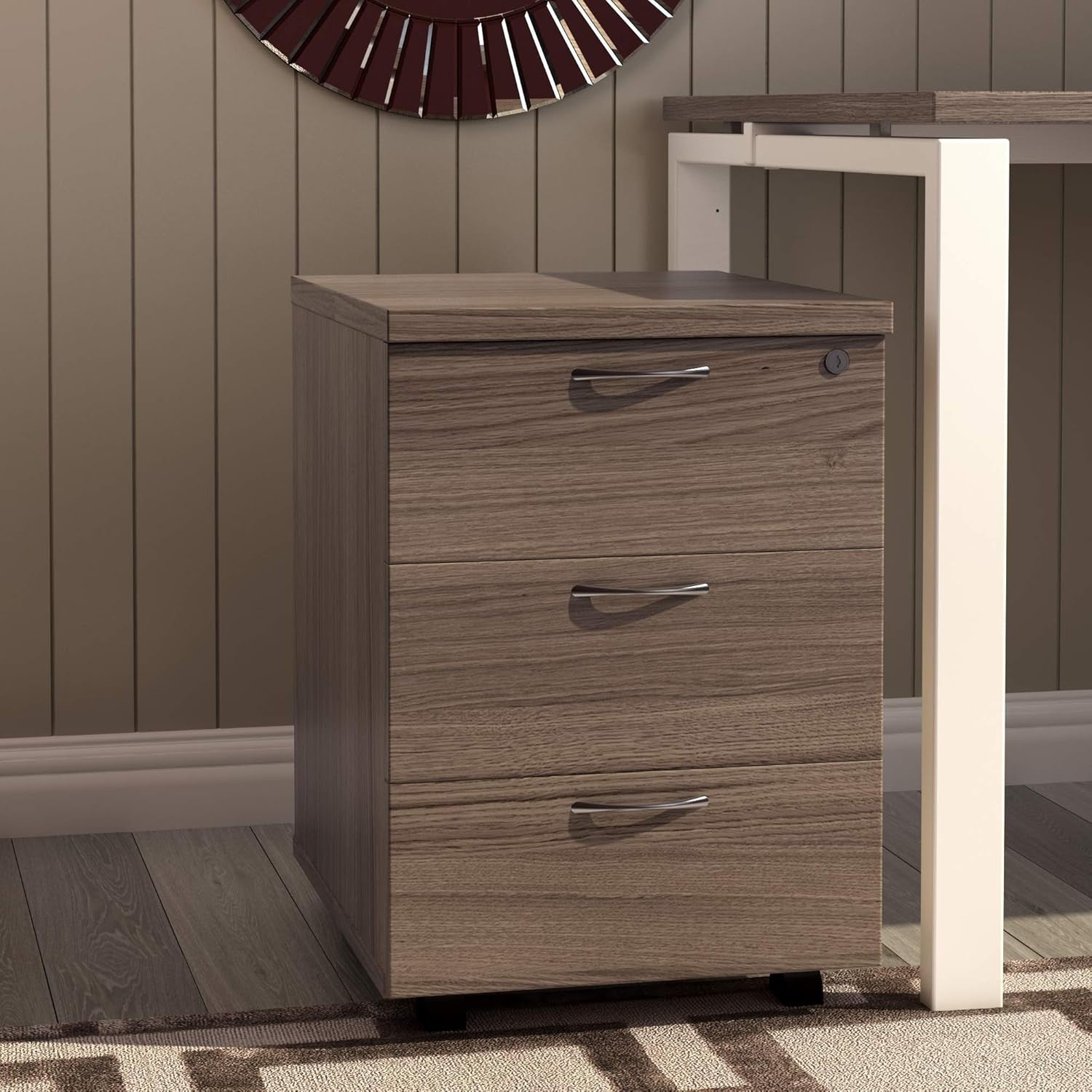 Lockable 3 Drawer Mobile Filing Cabinet Pedestal Office Storage Grey Oak