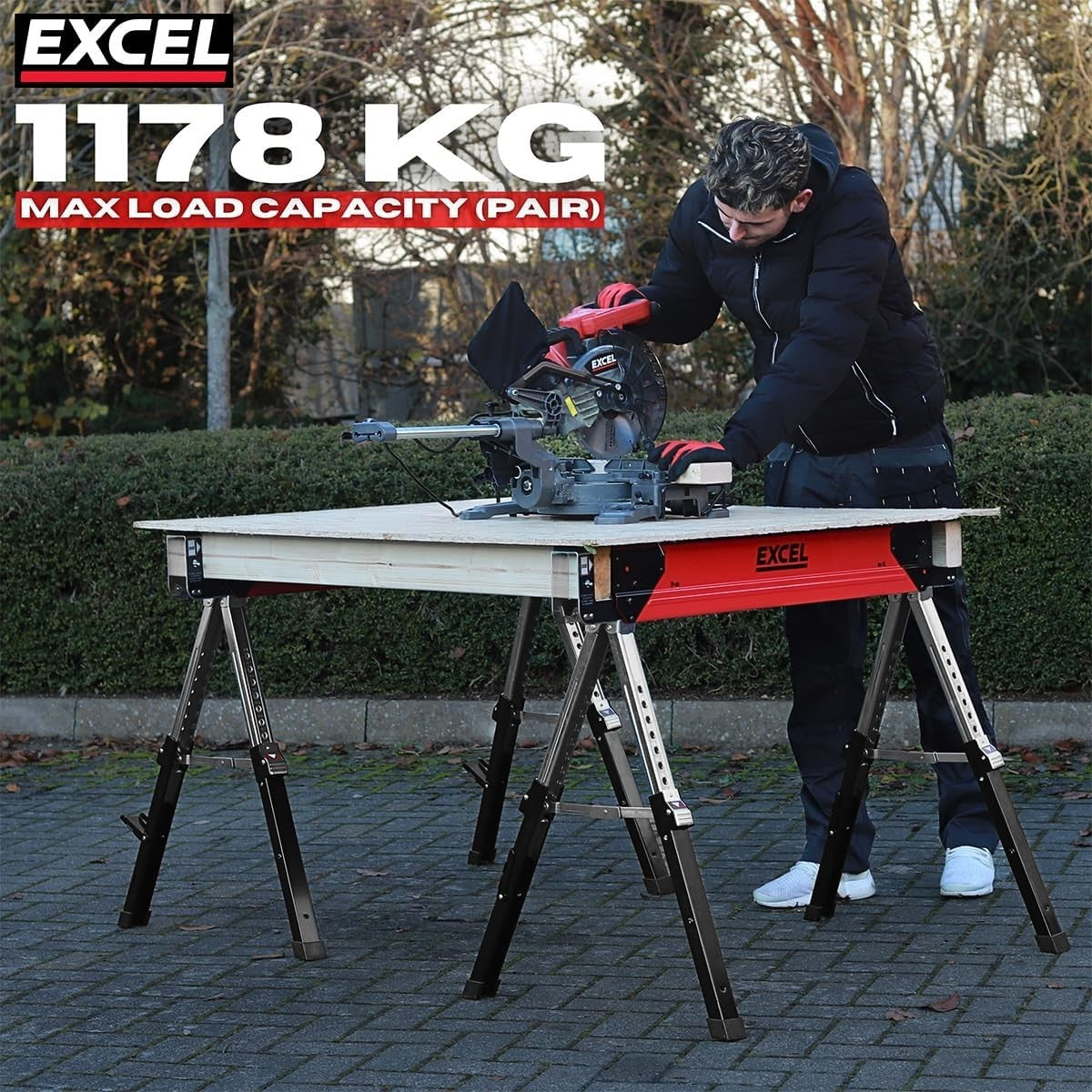 Portable Steel Sawhorse Twin Pack Adjustable Legs Work Table Non-Slip Feet