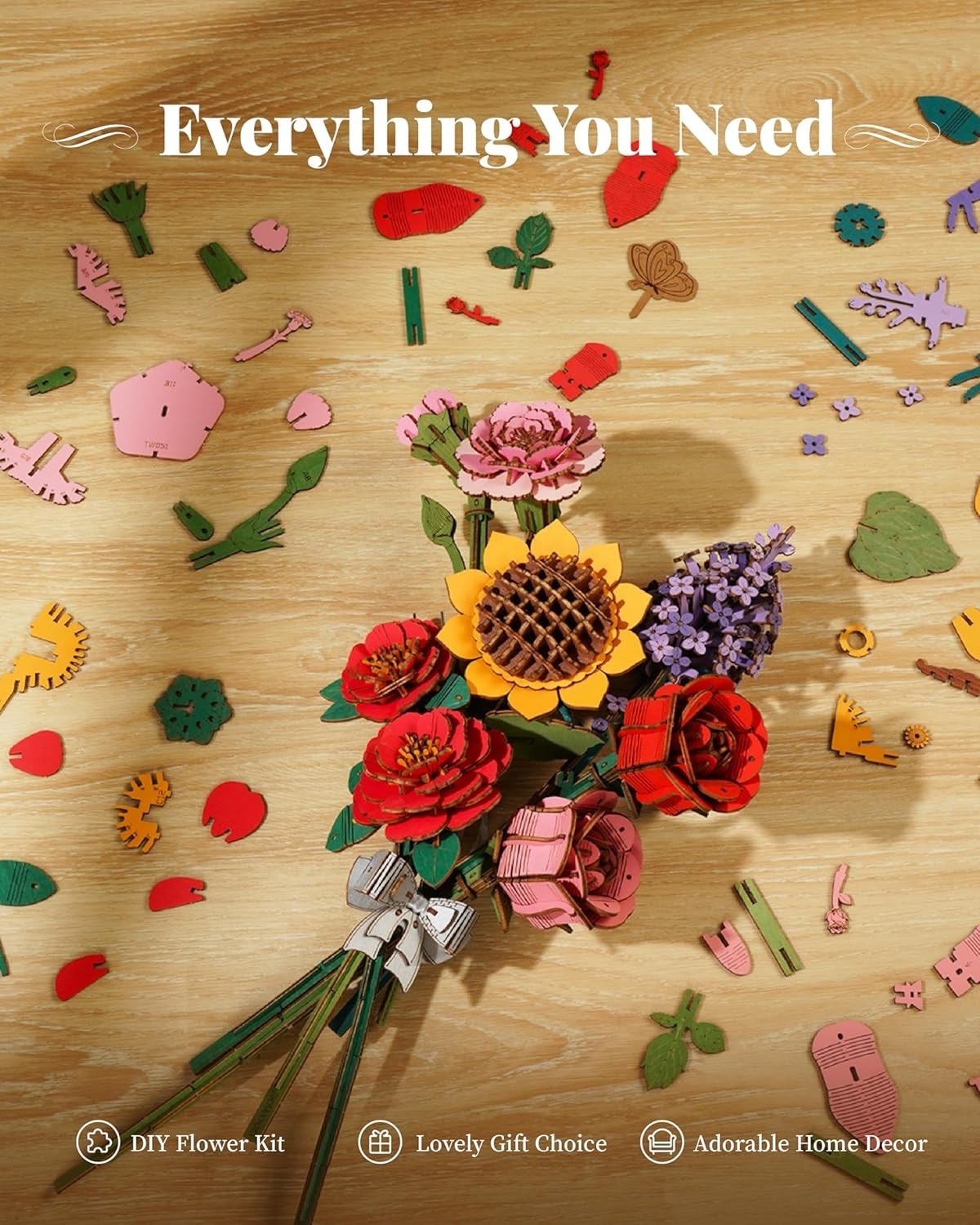 3D Wooden Red Rose Puzzle Kit – DIY Floral Craft Gift & Home Decor