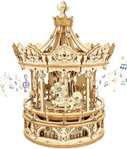 3D Wooden Music Carousel Puzzle with Mechanical Rotation & Light