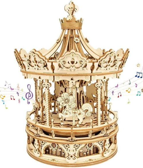 3D Wooden Music Carousel Puzzle with Mechanical Rotation & Light