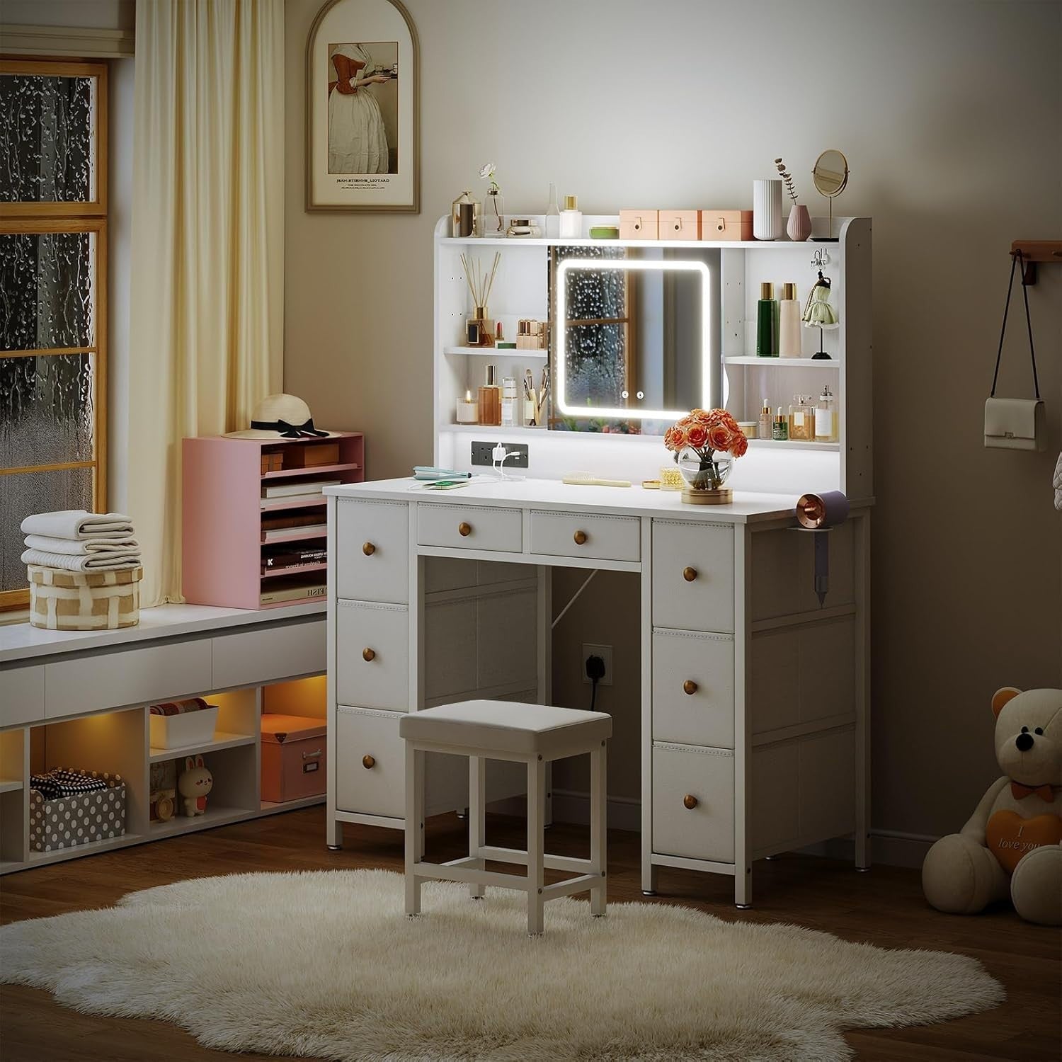 Modern Dressing Table w/ LED Mirror Power Outlet 8 Drawers & Chair White