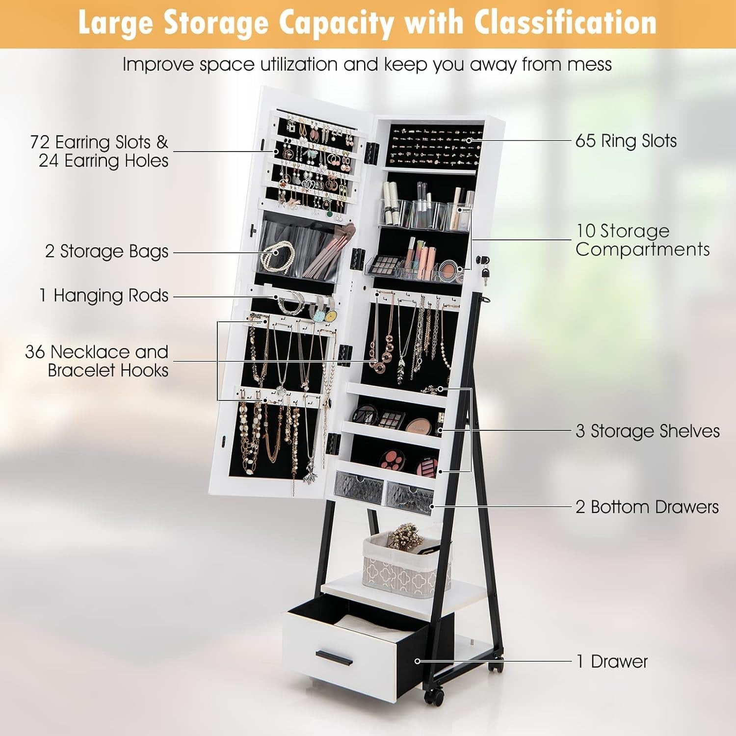 Rolling Jewelry Armoire with Full Length Mirror Lockable Cabinet White