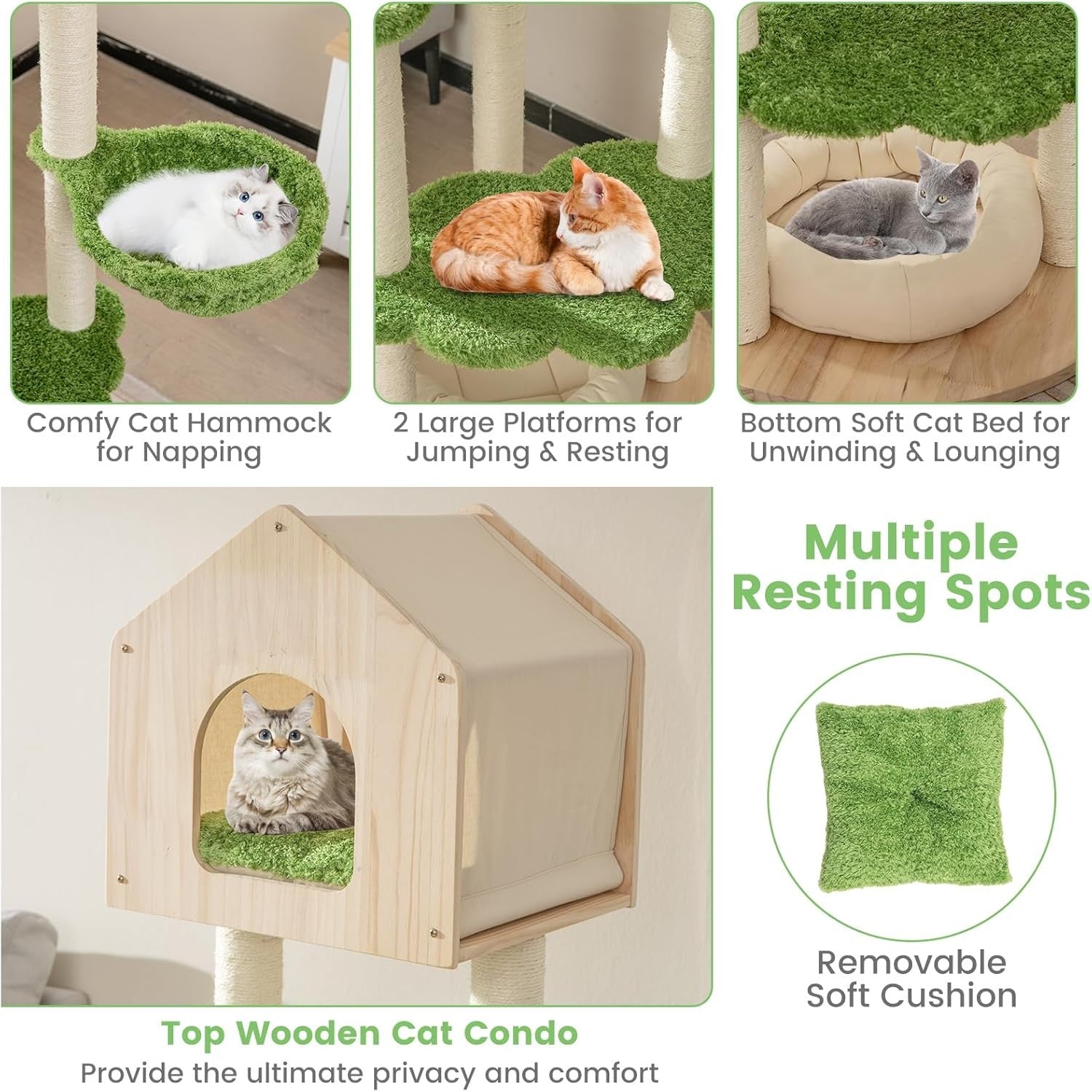 Wooden Cat Tree Kitten Tower with Condo Hammock Scratching Posts 139cm