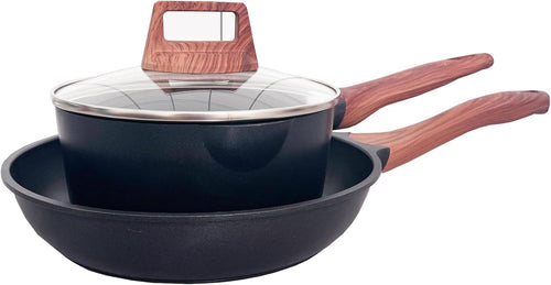 3Pcs Black Granite Non Stick Cookware Set Frying Pan Skillet Saucepan with Lid