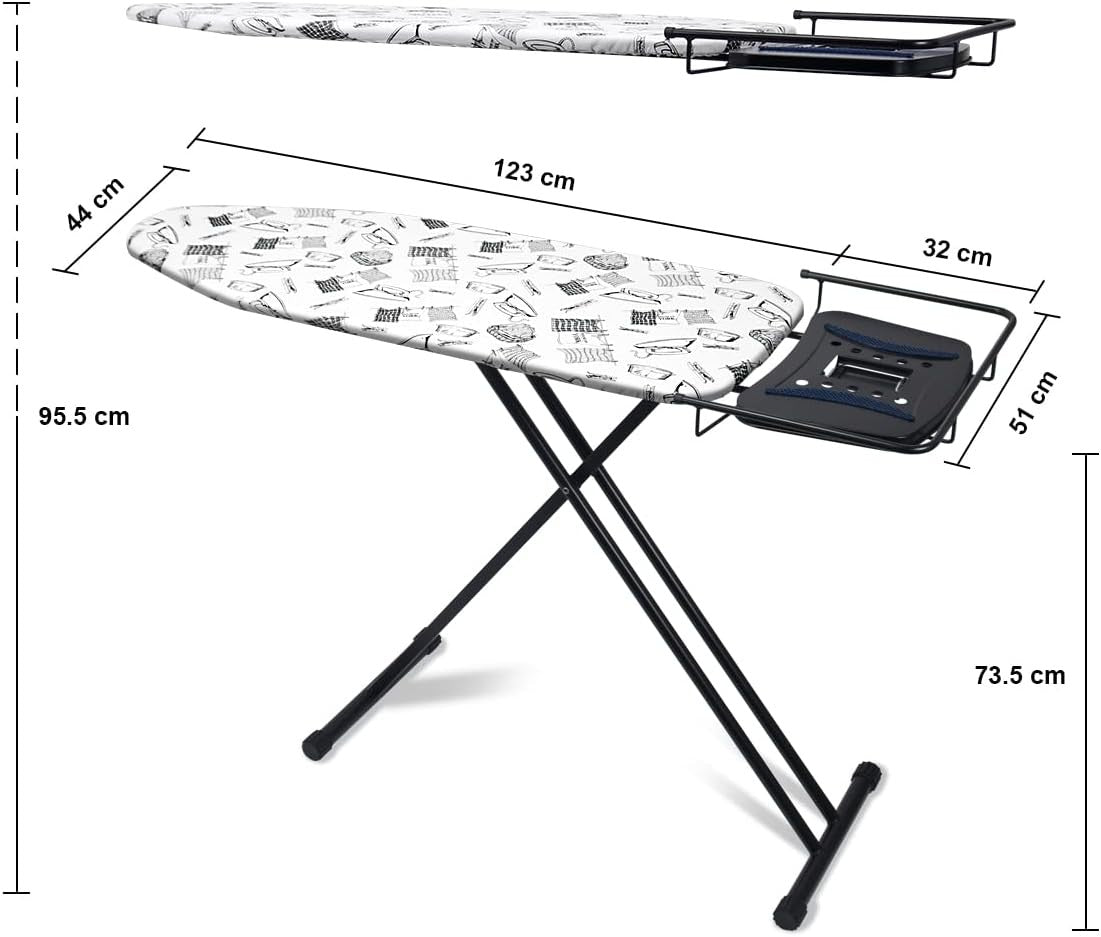 Extra Large Ironing Board 122x43cm Adjustable Height Steam Rest Black
