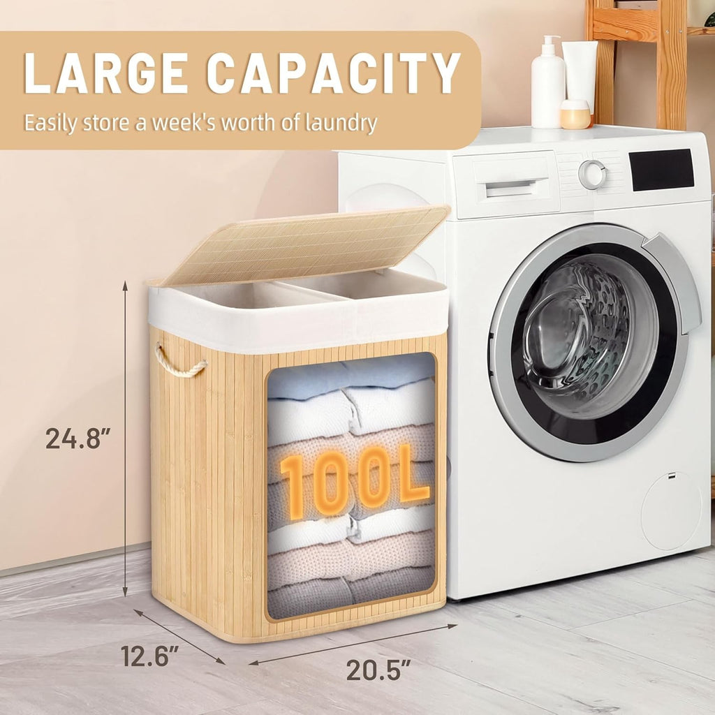 100L Bamboo Laundry Hamper with Lid 2-Section Foldable Clothes Basket Beige