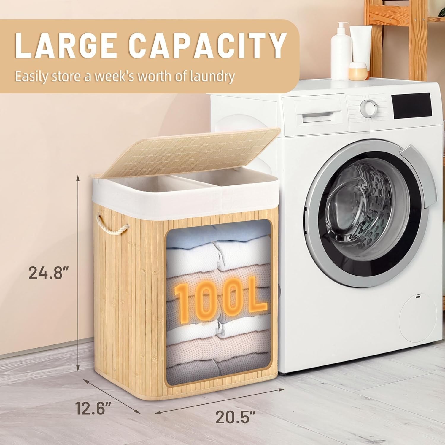 100L Bamboo Laundry Hamper with Lid 2-Section Foldable Clothes Basket Beige