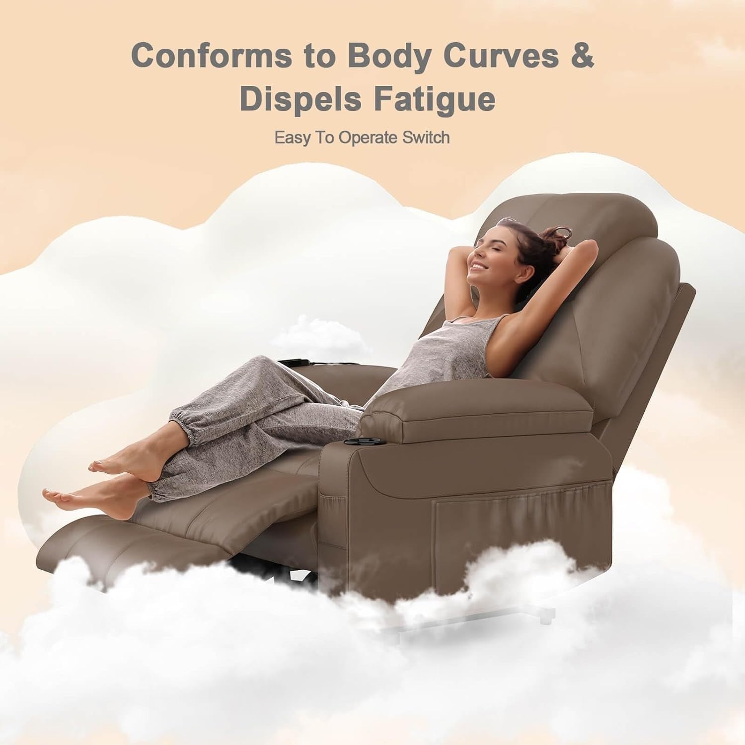Power Lift Recliner Chair Massage USB Type-C Mocha Fabric Cup Holders Pockets