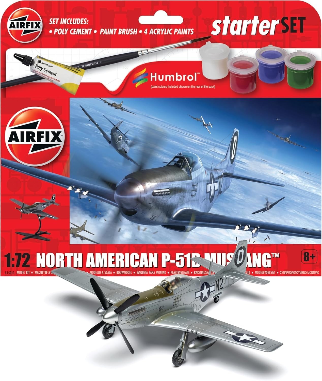 North American P-51D Mustang Model Kit 1:72 Scale w/ Paints, Decals & Glue