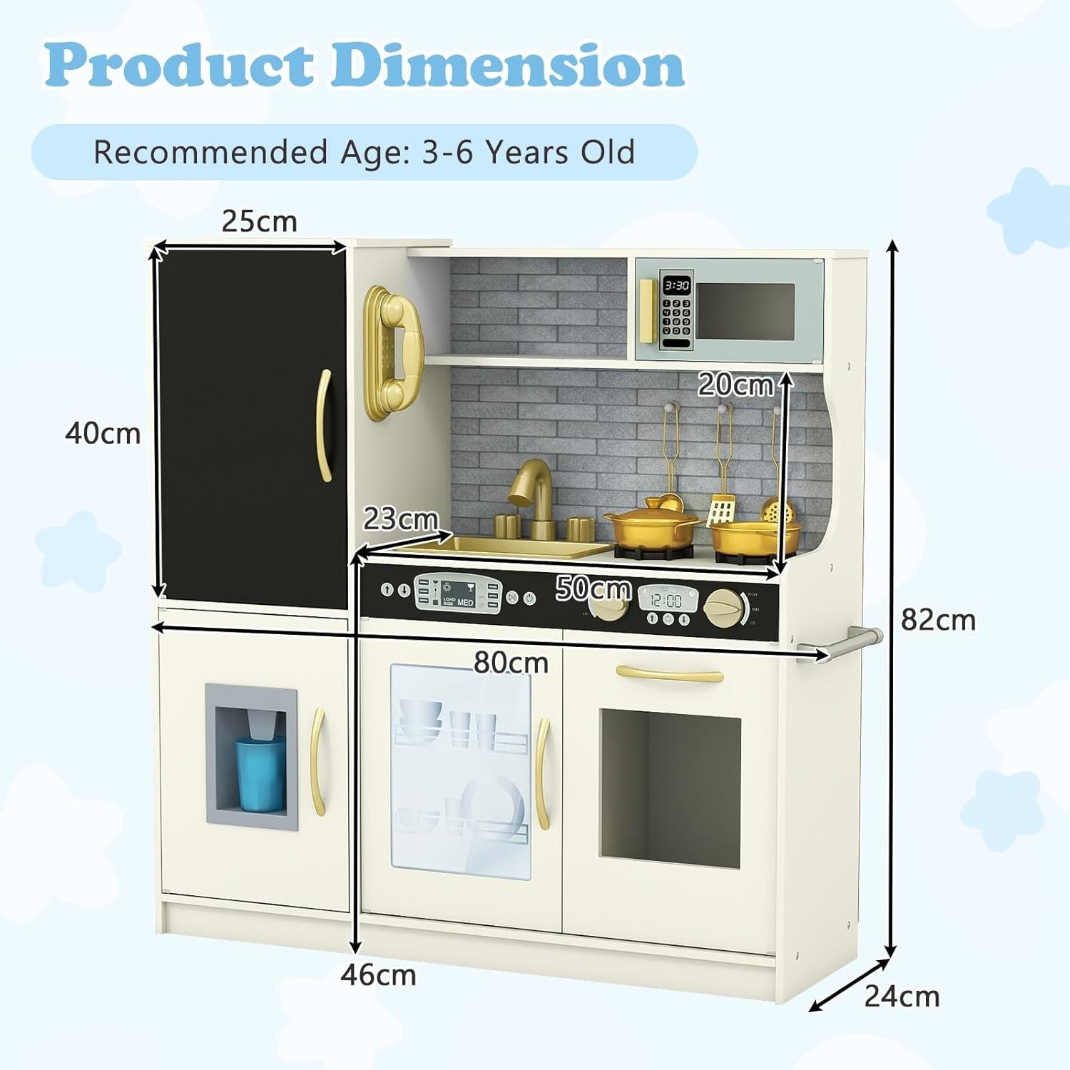 Kids Wooden Play Kitchen Blackboard Ice Maker Microwave Beige Toy