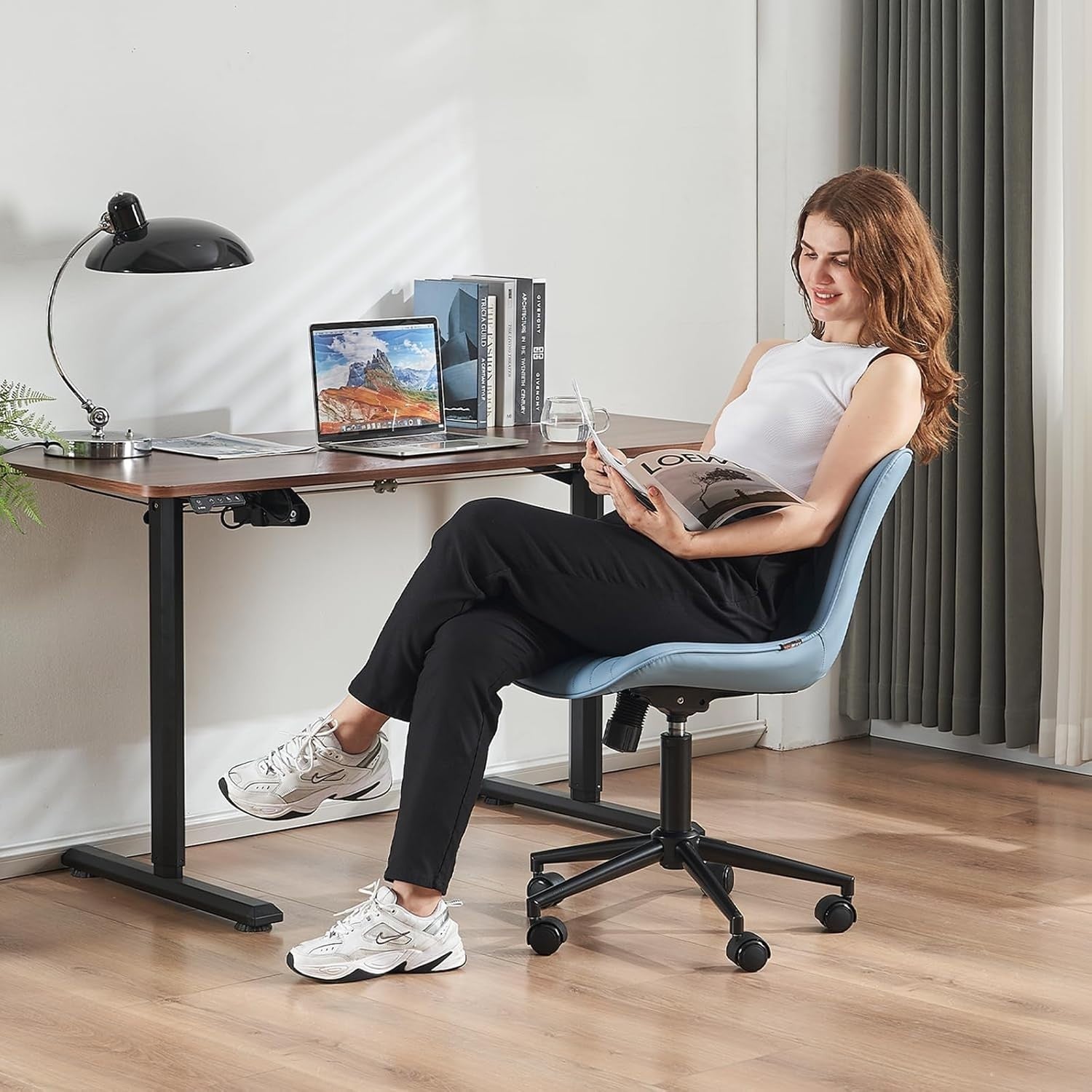 Ergonomic Blue Office Chair Swivel Desk Chair Faux Leather Home Task Seat