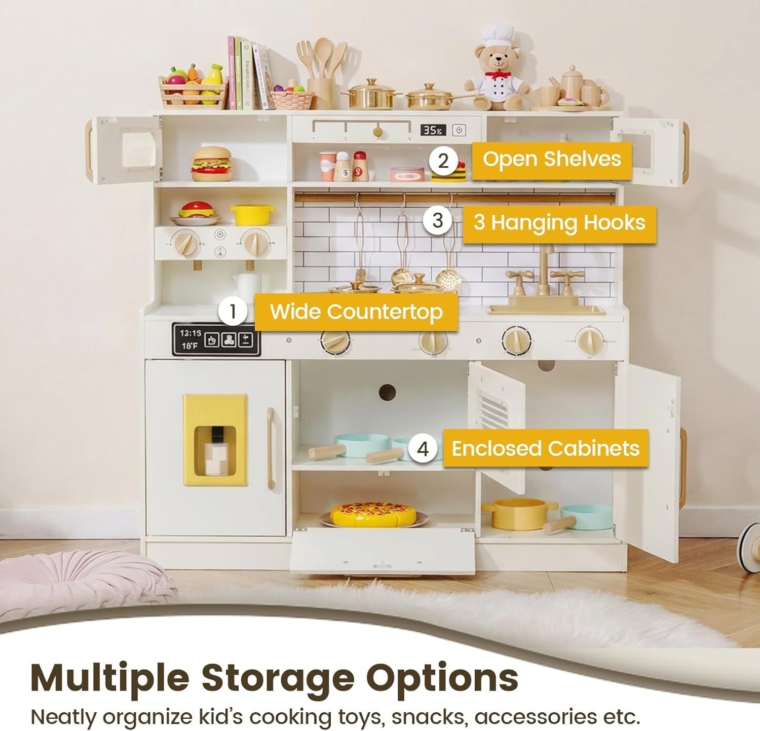 Kids Wooden Play Kitchen Lights Sounds Ice Dispenser Coffee Maker